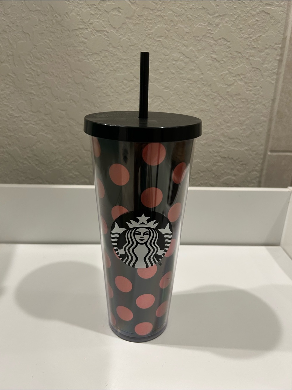 Starbucks Black Tumbler with Pink Polka Dots and Straw